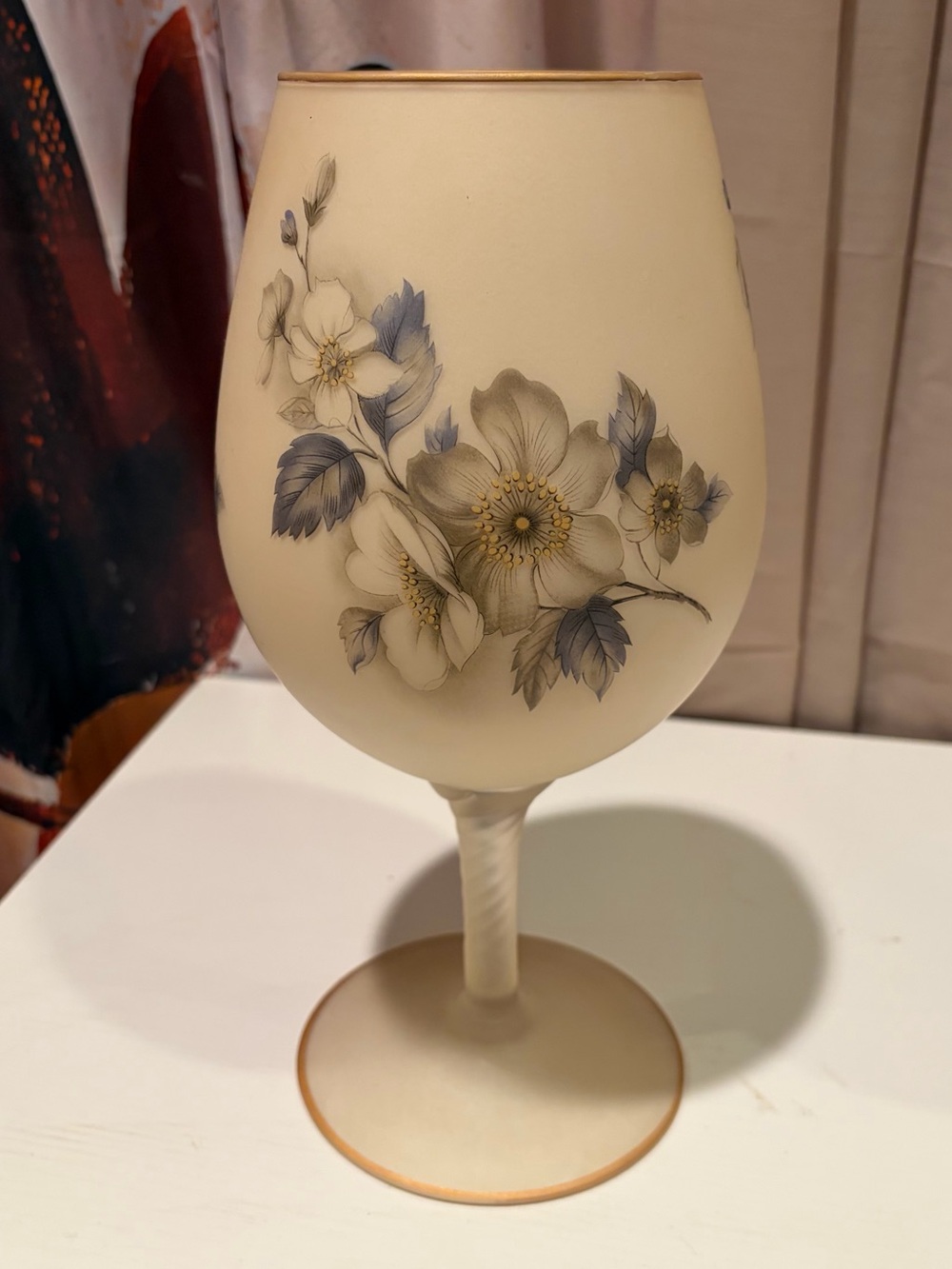 Source Unknown Frosted Floral Goblet Vase in Ivory and Blue